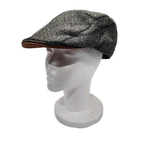 Vince Camuto Grey Herringbone Tweed Flat Cap Black Brown Trim Polyester OSFM - Picture 1 of 4
